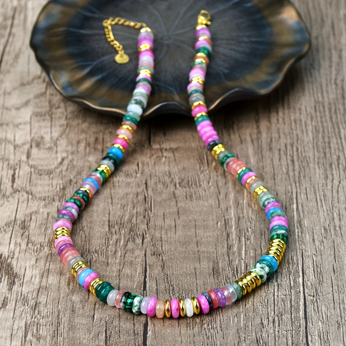 Colorful Natural Stone Beaded Necklace Bohemian Style Spring Summer Mother's Day
